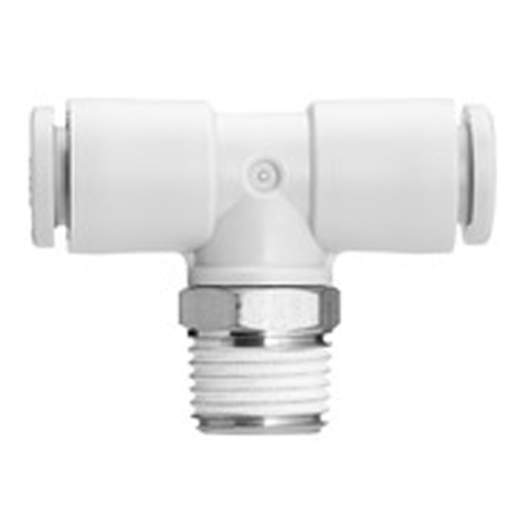 19060165 Tee Connector - Push in/ Thread Tee Push-in fittings are suitable to ensure a quick connection pneumatic system and are designed to combine or split flows at a 90 degree angle to the main line.