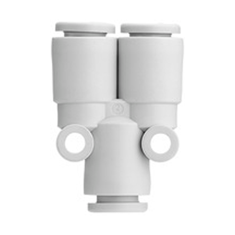 19060305 Y Connector - Reducing Y Push-in fittings are suitable to ensure a quick connection pneumatic system and are designed to combine or split flows to the main line.
