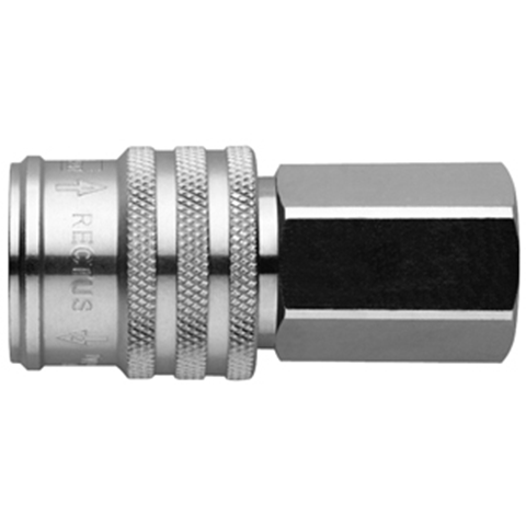 48901705 Coupling - Self Venting - Female Thread Self-Venting Rectus quick coupling.The Self-venting takes place during disconnection – no risk of pressurised hoses being  tossed around. When the sleeve is pulled back, the plug is released yet remains locked in. The  coupling valve closes and the air is vented from the air line at the same time. Only then, by operating the sleeve again, can uncoupling take place safely. The system fulfils the requirements  of ISO 4414 – increased safety standards in the work place. The plastic sleeve does not scratch working surfaces.